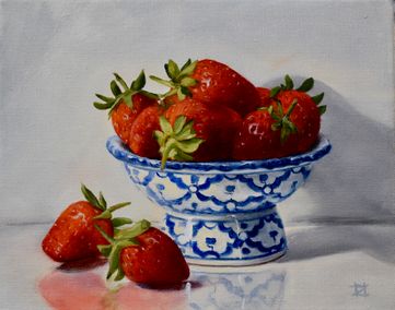 Ripe Red Strawberries on Blue and White China